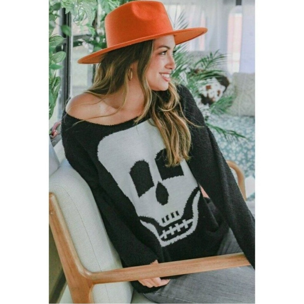 Fantastic Fawn Black Skull Day of the Dead Pullover Sweater Cardigan Size L - Picture 2 of 6